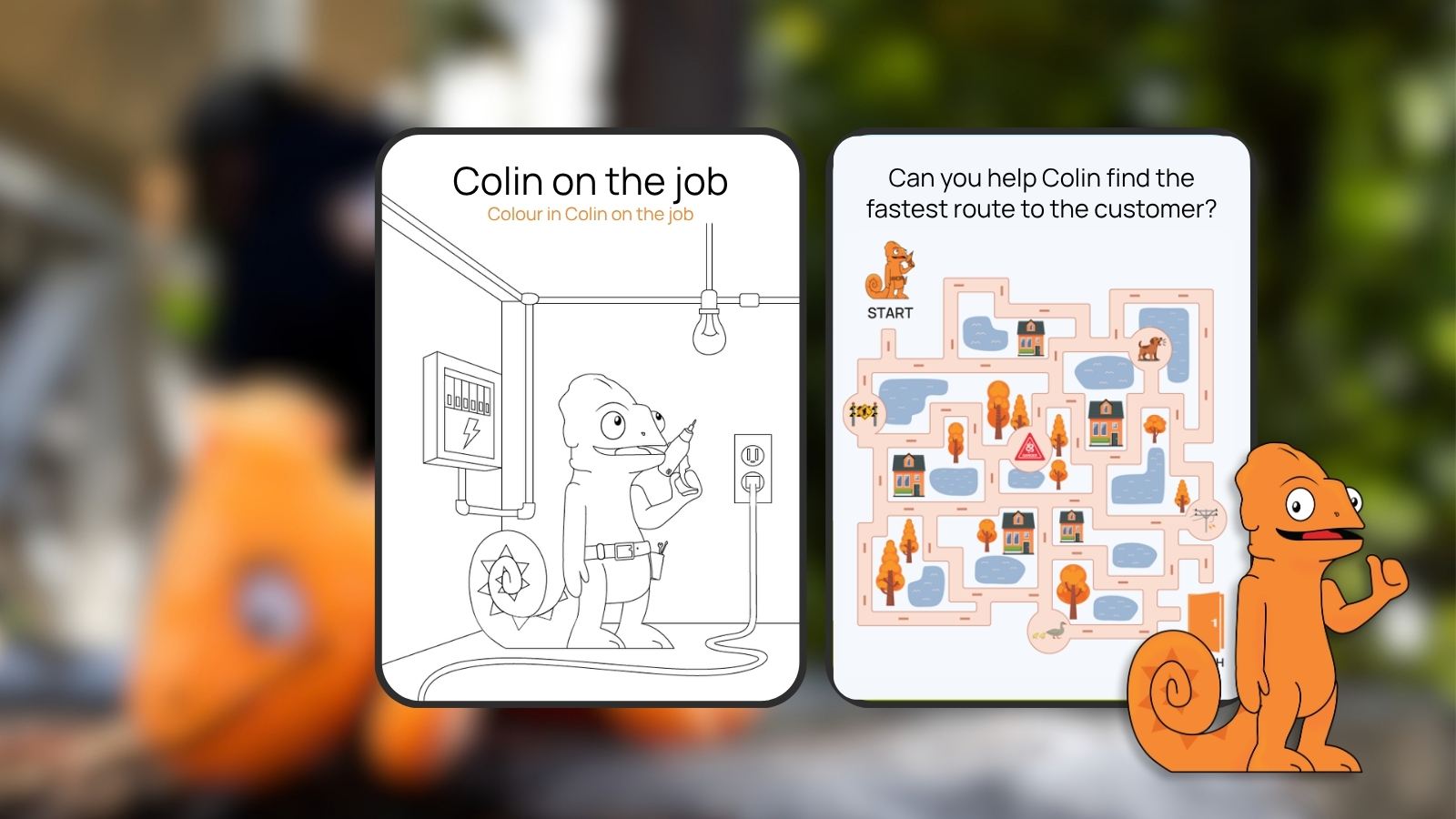 Colin colouring page and a maze activity sheet for kids