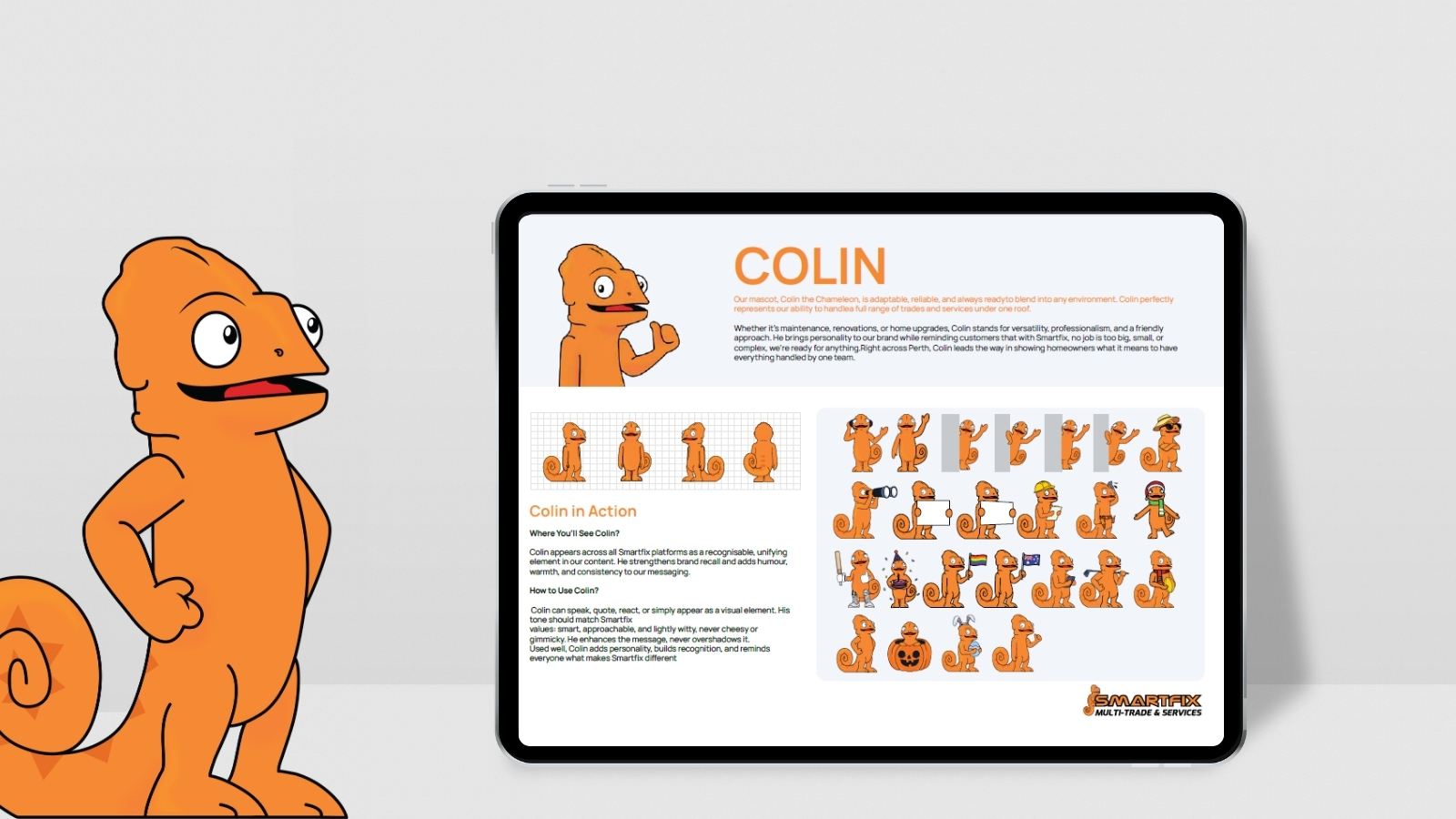 Colin character sheet showing turnaround poses and a set of expressions and outfits