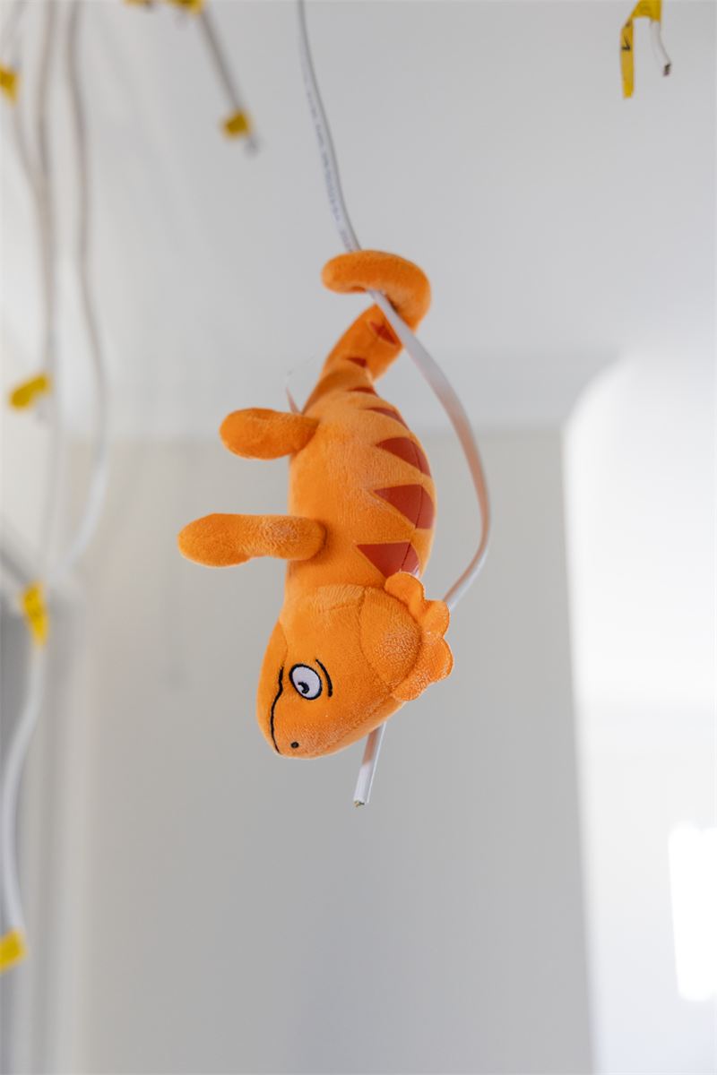 Colin plush toy hanging upside down from a cable